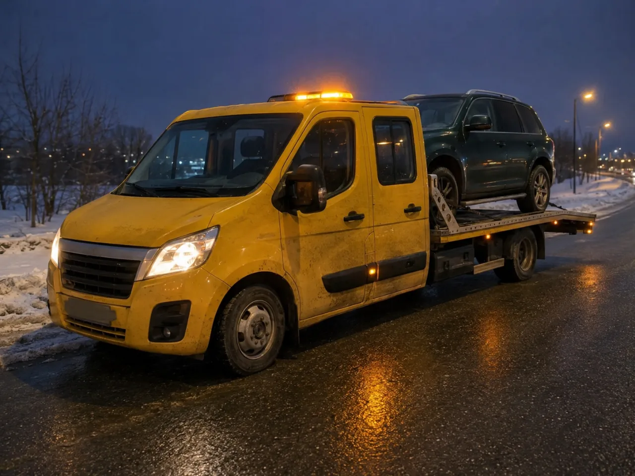 Pomoc drogowa po wypadku nocą – SUV na lawecie – Mysłowice