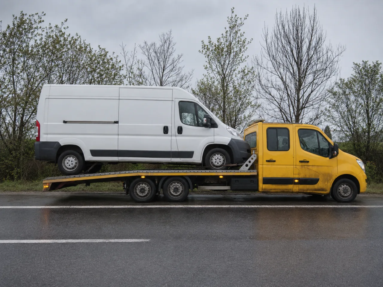 Dostawczy pojazd na platformie lawety wiosną – Mysłowice