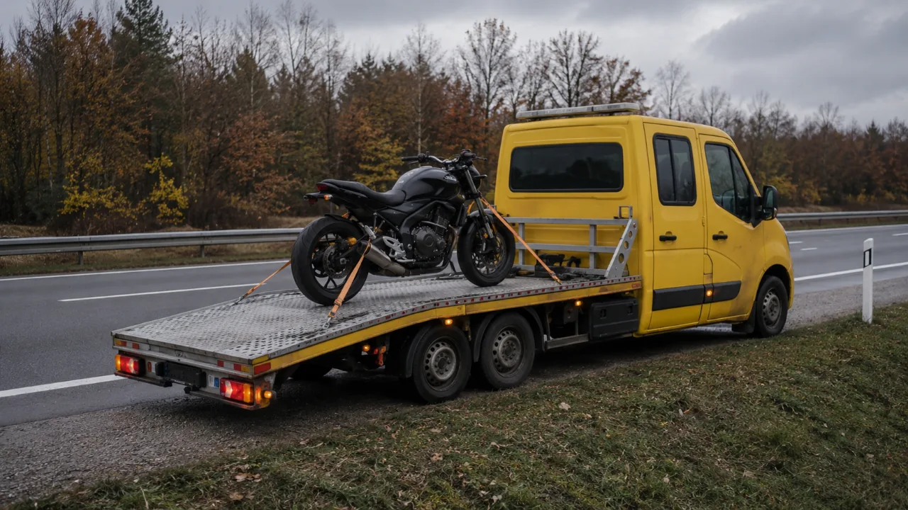 Motocykl zamocowany na platformie lawety – MANI-HOL Mysłowice