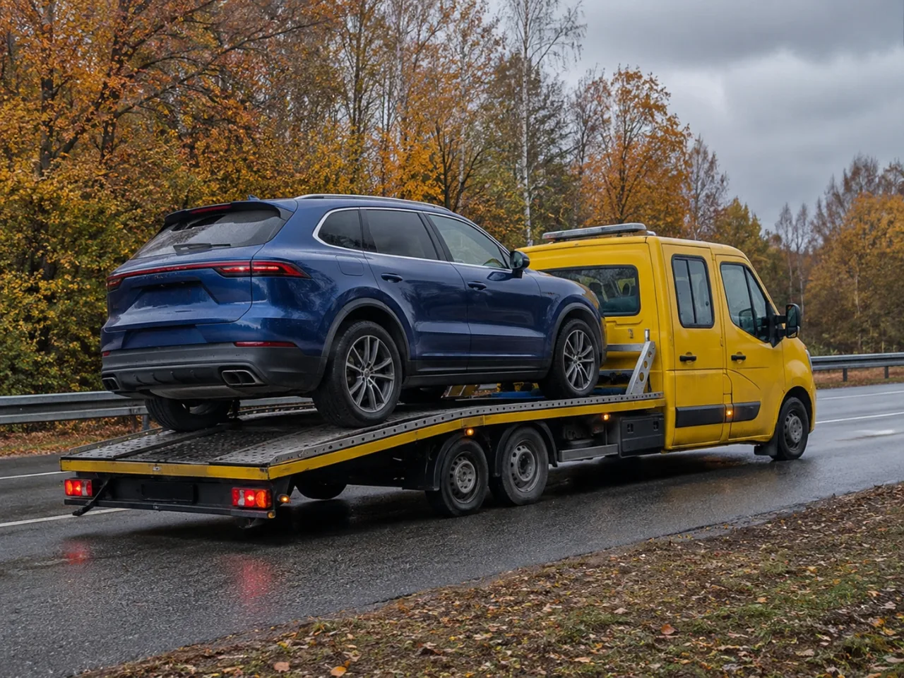 SUV zamocowany pasami na platformie autolawety – Mysłowice